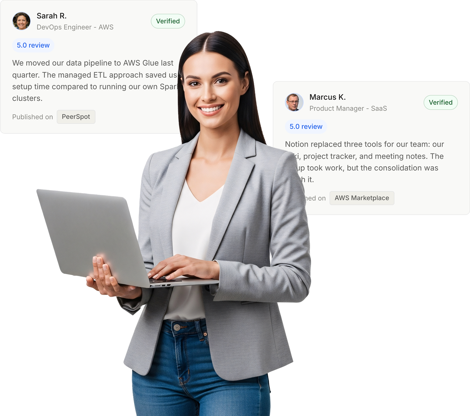 Professional holding a laptop beside verified PeerSpot and AWS Marketplace review cards